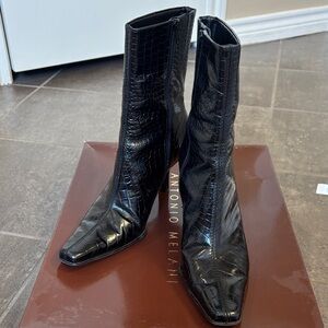 ANTONIO MELANI Black Croc-Embossed Pointed Ankle Boots